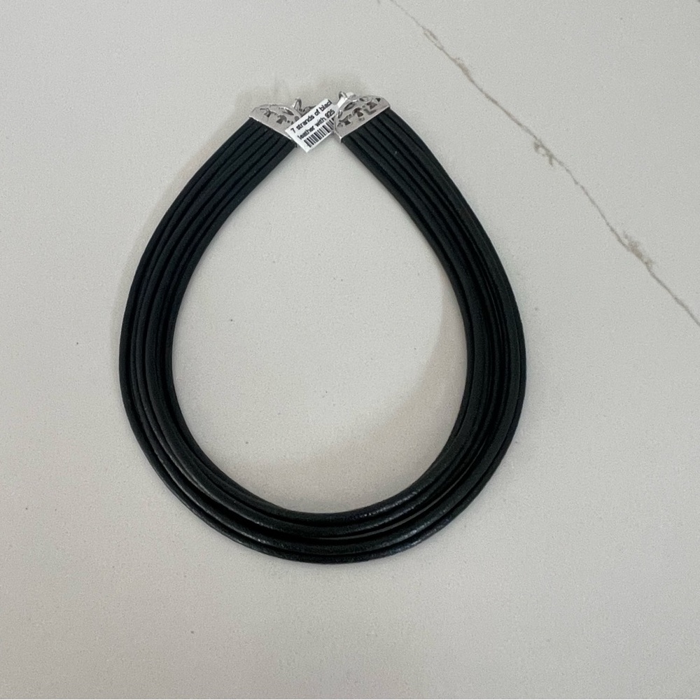 Black Leather 7 Multi-Strand Necklace with Sterling Silver clasp.